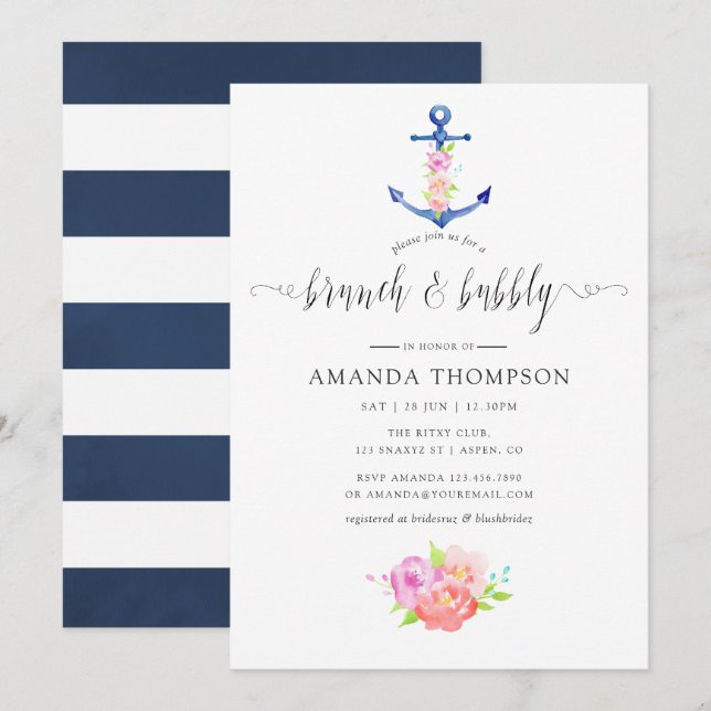Invitation Aquarelle Thème nautique Brunch floral et bulle (Devant / Derrière)