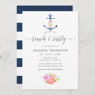 Invitation Aquarelle Thème nautique Brunch floral et bulle