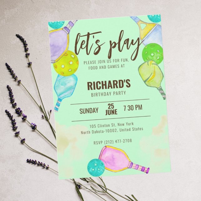 Invitation Aquarelle Thème Pickleball Green Anniversaire (Créateur téléchargé)