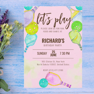 Invitation Aquarelle Thème Pickleball Pink Anniversaire