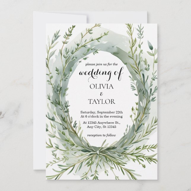 Invitation Aquarelle Thyme Rosemary Sprig Wreath Mariage (Devant)