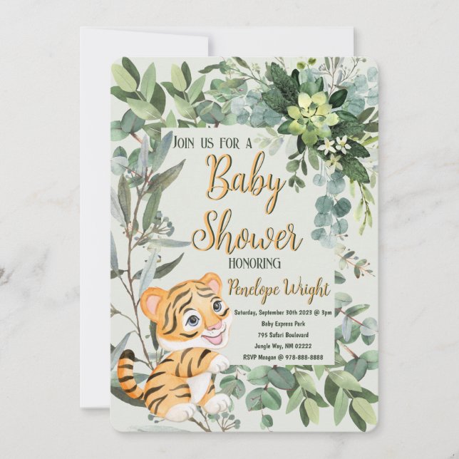 Invitation Aquarelle Tiger Cub Baby shower vert clair (Devant)