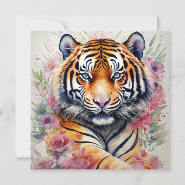 Invitation Aquarelle Tigre Avec Fleurs Peinture Florale (Devant)
