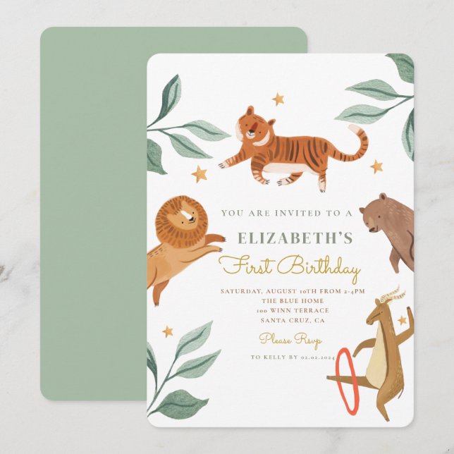 Invitation Aquarelle Tigre Bois Animal 1er anniversaire (Devant / Derrière)