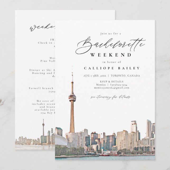 Invitation Aquarelle Toronto Bachelorette Itinéraire et (Devant / Derrière)
