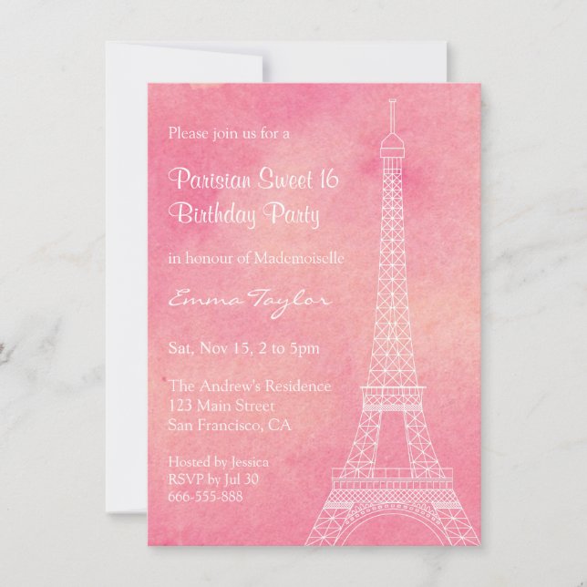 Invitation Aquarelle Tour Eiffel Fête d'anniversaire parisien (Devant)