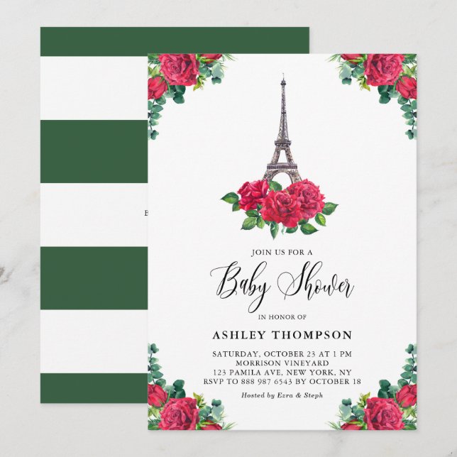 Invitation Aquarelle Tour Eiffel Rose rouge Baby shower Paris (Devant / Derrière)
