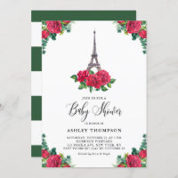 Aquarelle Tour Eiffel Rose rouge Baby shower Paris