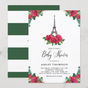 Invitation Aquarelle Tour Eiffel Rose rouge Baby shower Paris