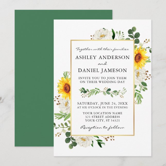 Invitation Aquarelle tournesol blanc Floral Mariage or (Devant / Derrière)