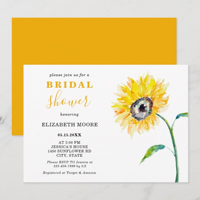 Invitation Aquarelle tournesol douche nuptiale élégant simple (Devant / Derrière)