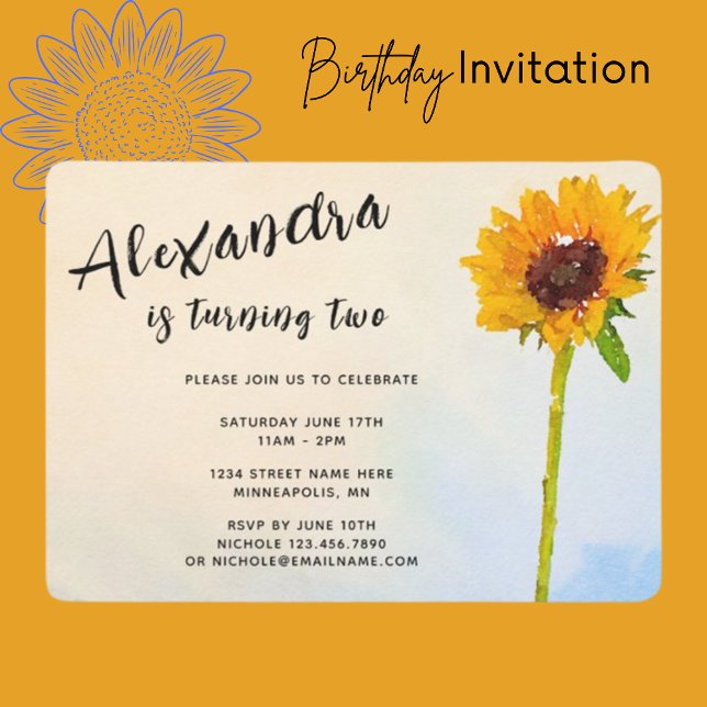 Invitation Aquarelle tournesol enfant n'a pas d'âge Anniversa (Créateur téléchargé)
