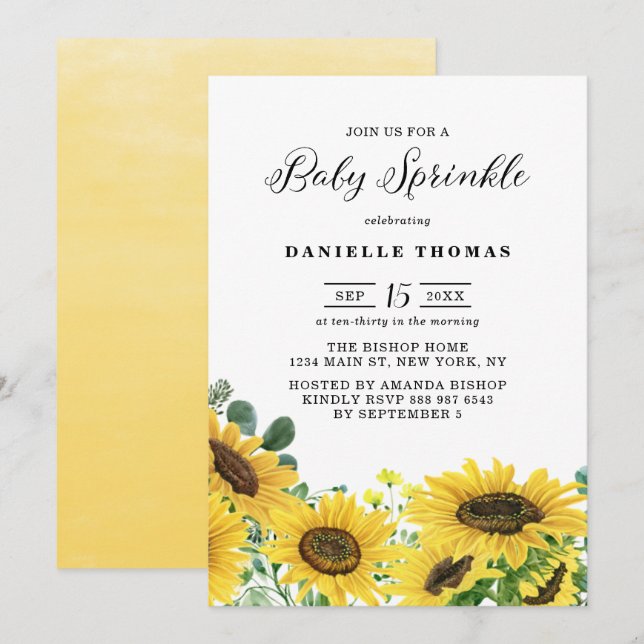 Invitation Aquarelle tournesol et Eucalyptus Bébé saupoudrée (Devant / Derrière)