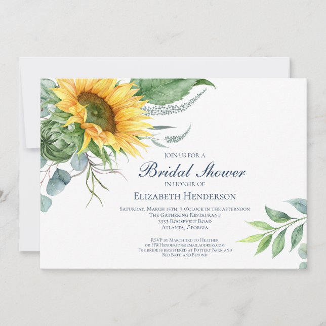 Invitation Aquarelle tournesol Fête des mariées de verdure fl (Devant)