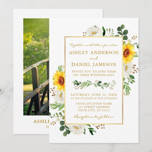 Invitation Aquarelle Tournesol Floral Photo Mariage or (Devant / Derrière)