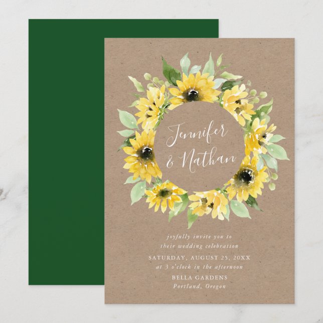 Invitation Aquarelle Tournesol Floral Wreath Russe Mariage (Devant / Derrière)