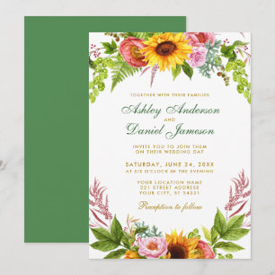 Invitation Aquarelle Tournesol Mariage Floral Or Vert