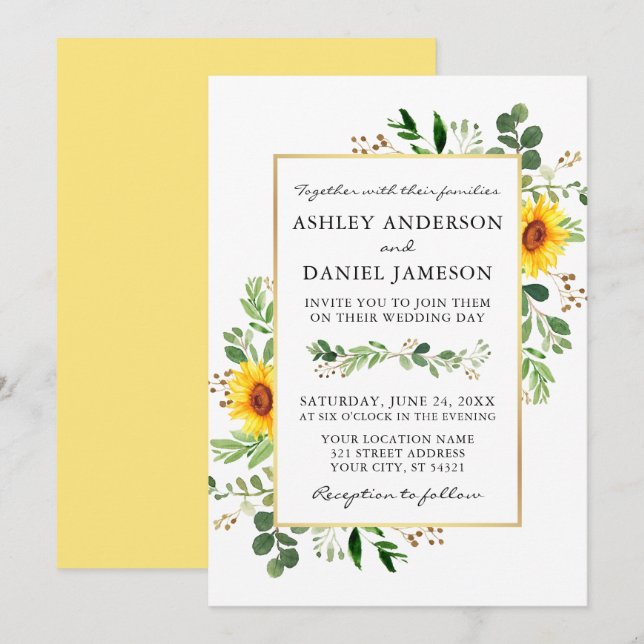 Invitation Aquarelle tournesol Mariage vert (Devant / Derrière)