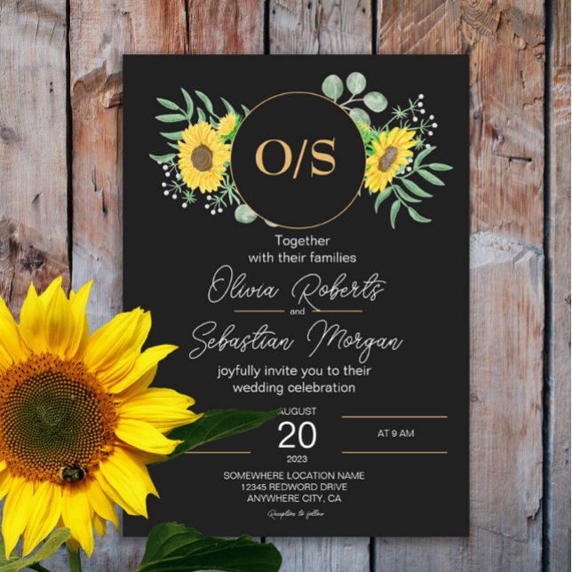 Invitation Aquarelle tournesol Monogramme Mariage noir (Créateur téléchargé)
