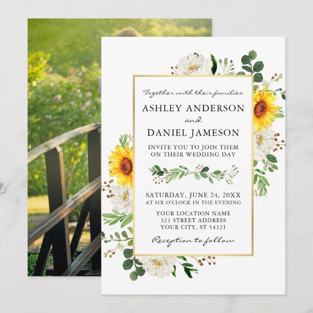 Invitation Aquarelle tournesol photo Blanc Floral Mariage (Devant / Derrière)