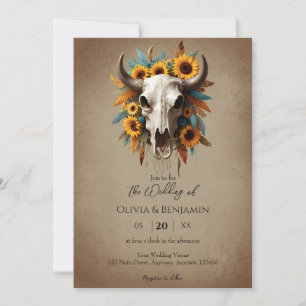 Invitation Aquarelle Tournesol Plumes Vache Mariage crâne