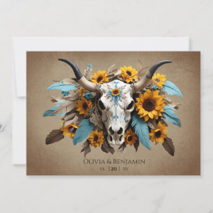 Invitation Aquarelle Tournesol Plumes Vache Mariage crâne