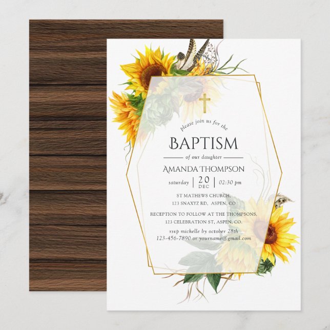 Invitation Aquarelle Tournesol Rustique Baptême géométrique (Devant / Derrière)