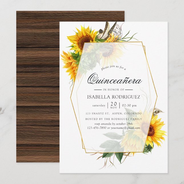 Invitation Aquarelle Tournesol Rustique Géométrique Quinceañe (Devant / Derrière)