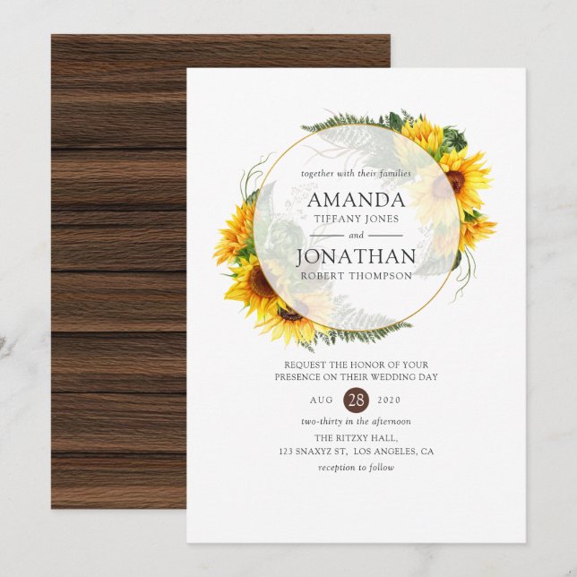 Invitation Aquarelle tournesol Rustique Mariage géométrique (Devant / Derrière)