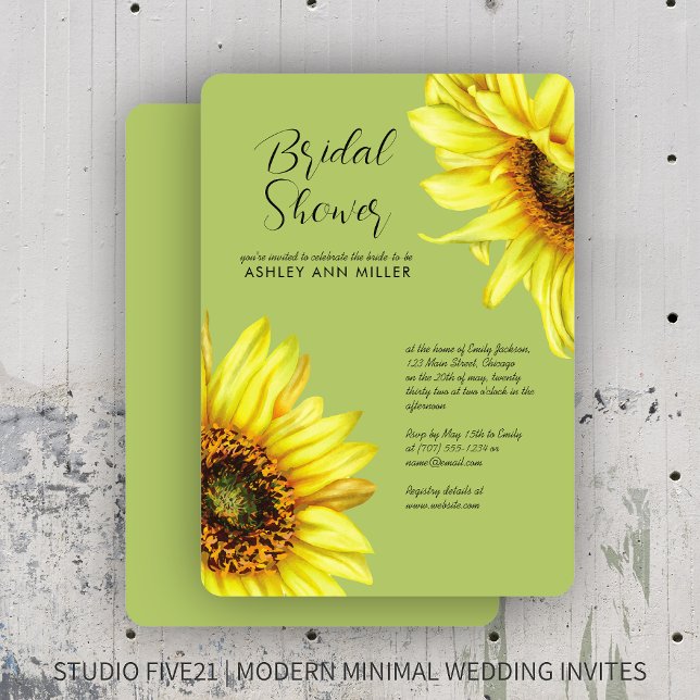 Invitation Aquarelle Tournesol Vert clair Wedding shower (Créateur téléchargé)