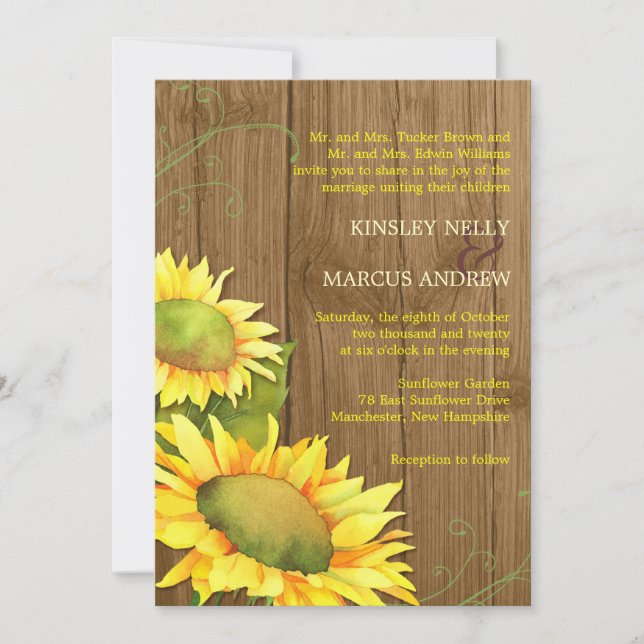 Invitation Aquarelle tournesols et Mariage de grains de bois (Devant)