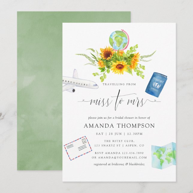 Invitation Aquarelle Tournesols Mlle À Mme Fête des mariées (Devant / Derrière)