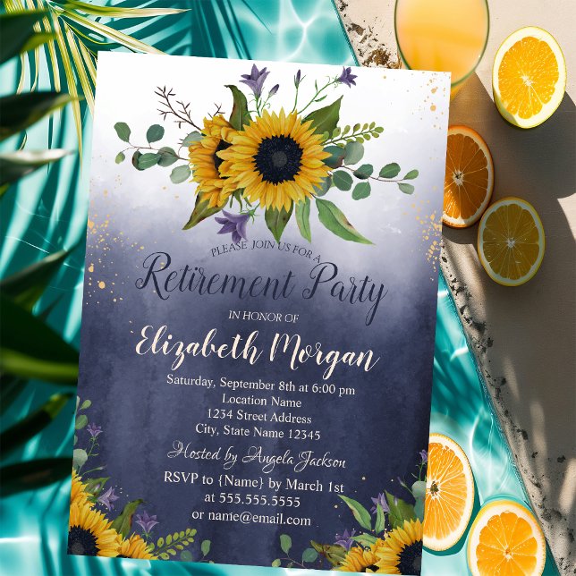 Invitation Aquarelle Tournesols Ombre Blue Retirement (Créateur téléchargé)