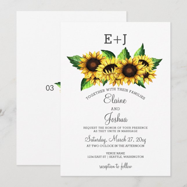 Invitation Aquarelle Tournesols Pays Mariage rustique (Devant / Derrière)