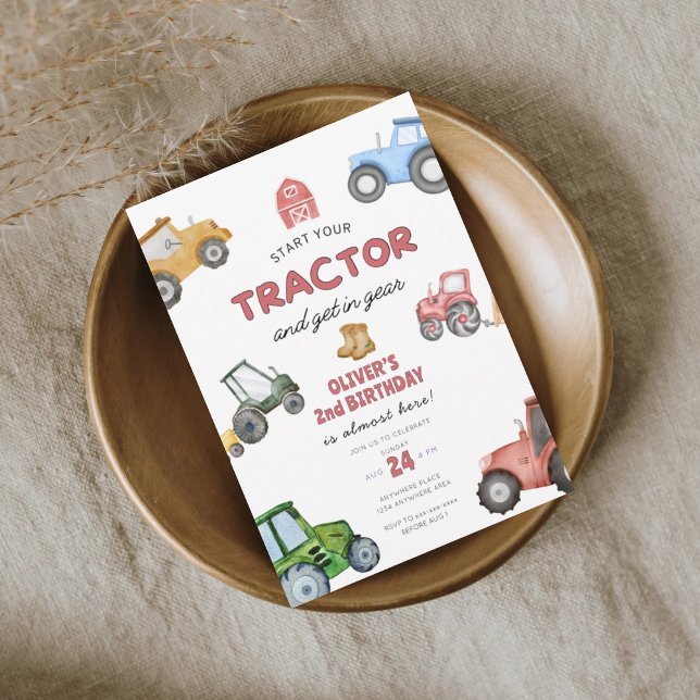 Invitation Aquarelle tracteur 2e anniversaire (Créateur téléchargé)