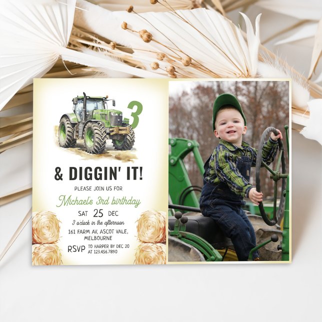 Invitation Aquarelle Tracteur 3ème anniversaire de fête Photo (Créateur téléchargé)