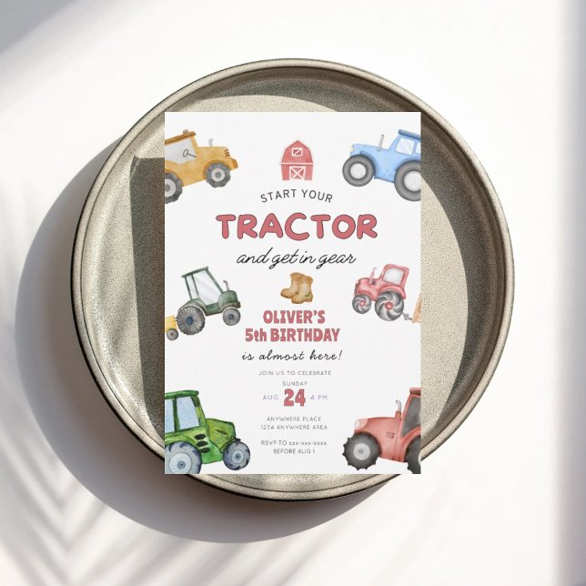 Invitation Aquarelle tracteur 5e anniversaire (Créateur téléchargé)