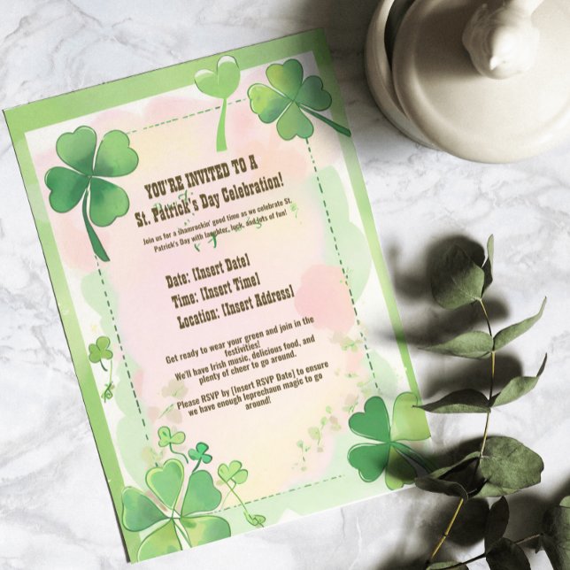 Invitation Aquarelle Trèfle à quatre feuilles Saint-Patrick (Watercolor Four Leaf Clove Shamrock St. Patrick's Invitation
)