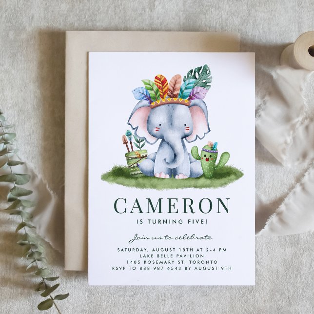 Invitation Aquarelle Tribal Elephant Safari Thème Anniversair (This watercolor elephant invitation is the perfect for a jungle, tribal, or safari-themed birthdays.)
