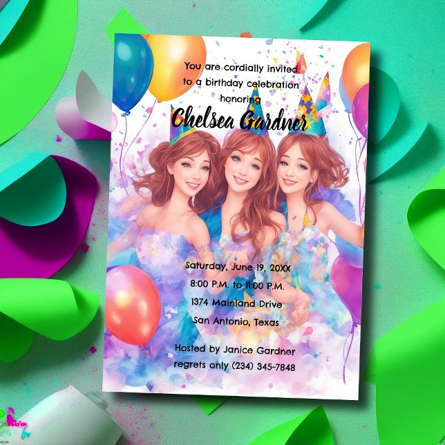 Invitation Aquarelle Trois Jeunes Filles Célébrer Anniversair (Créateur téléchargé)