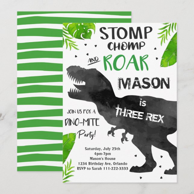 Invitation Aquarelle Trois Rex Dinosaur 3e anniversaire Invit (Devant / Derrière)