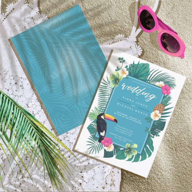 Invitation Aquarelle Tropical avec Mariage Toucan ID Turquois (Créateur téléchargé)