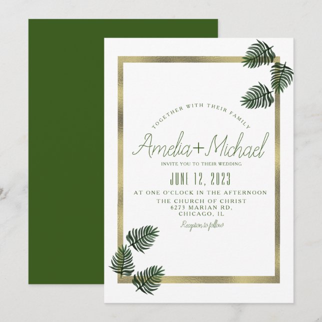 Invitation Aquarelle Tropical Botanical Foil Palm Mariage (Devant / Derrière)