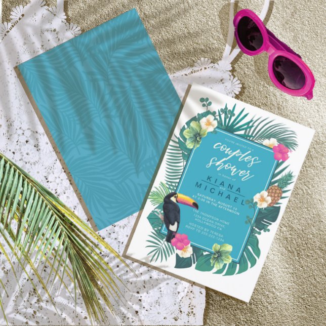Invitation Aquarelle Tropical Couples Douche Turquoise ID577 (Front/Back In Situ)