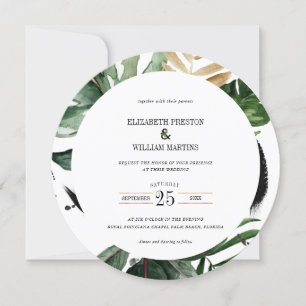 Invitation Aquarelle Tropical Feuille QR Code Mariage Cercle