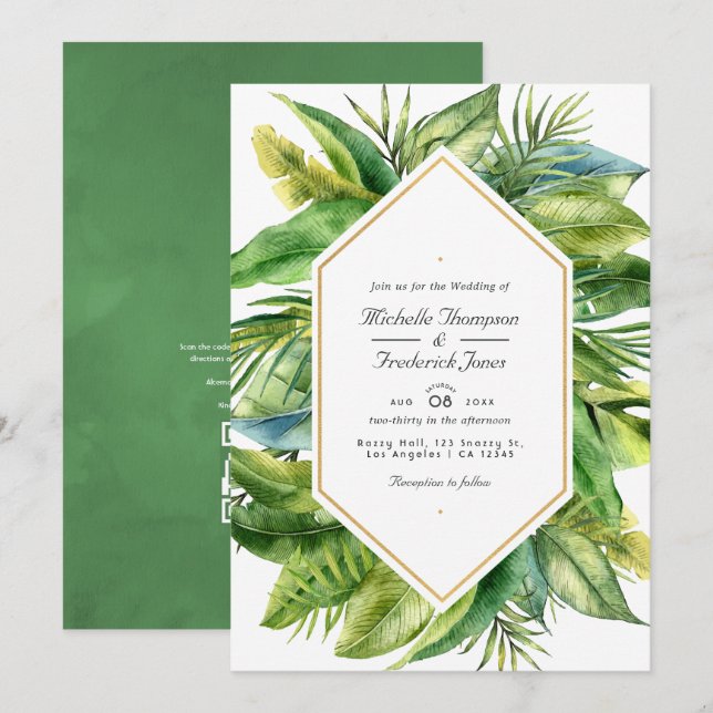 Invitation Aquarelle Tropical Feuille QR Code Mariage RSVP (Devant / Derrière)