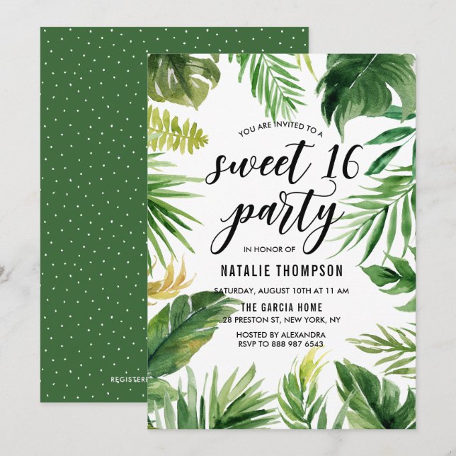 Invitation Aquarelle Tropical Feuilles Frame Sweet 16 Party (Devant / Derrière)