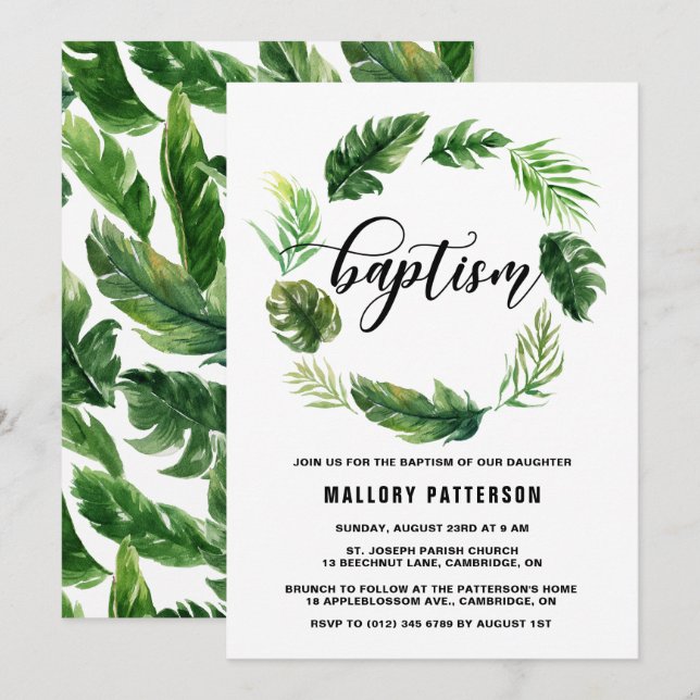 Invitation Aquarelle Tropical Feuilles Wreath Baptême (Devant / Derrière)