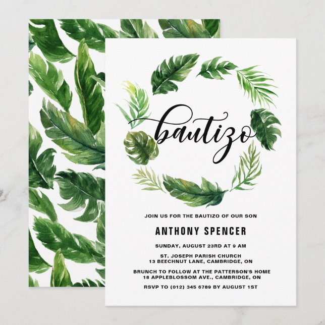 Invitation Aquarelle Tropical Feuilles Wreath Bautizo (Devant / Derrière)