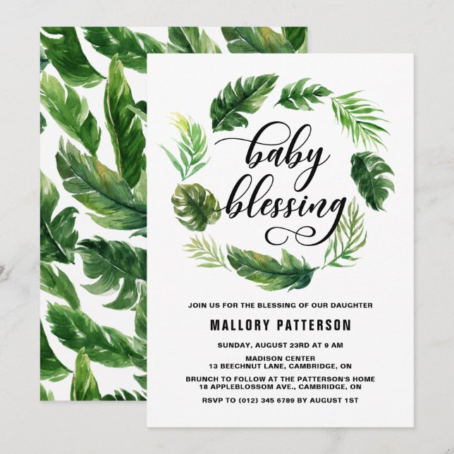 Invitation Aquarelle Tropical Feuilles Wreath Blessing bébé (Devant / Derrière)